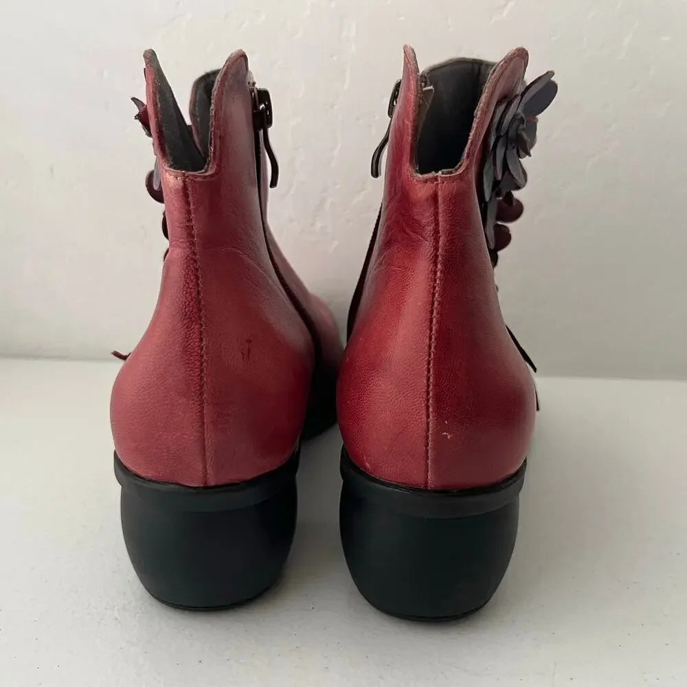 Socofy Rose Handmade Leather Ankle Boots 3D Floral Applique Artsy Size 40/9-9.5